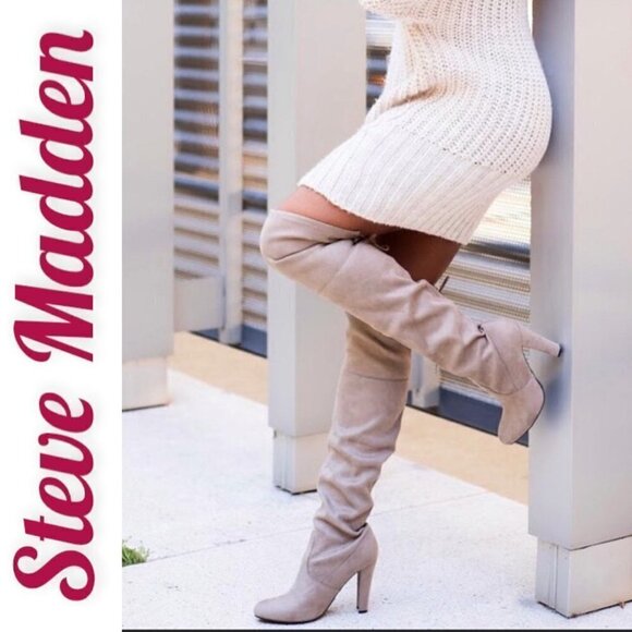 STEVE MADDEN “Gorgeous” Taupe Gray Over-The-Knee Faux Vegan Suede Boots, Sz 8.5 - Picture 12 of 12